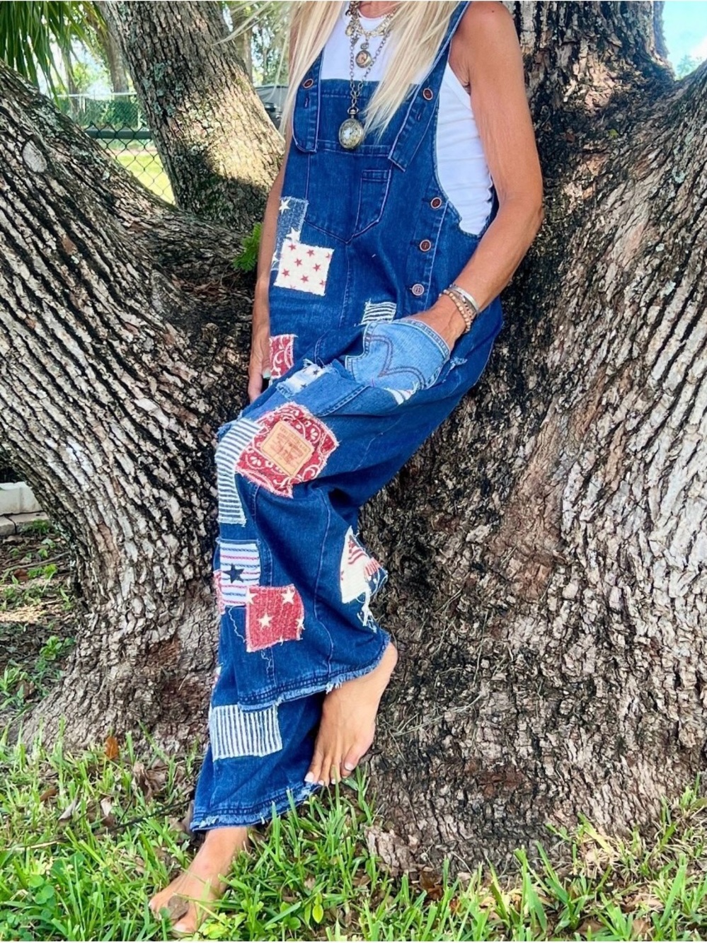 REWORKED Denim Overalls - Blue with Red & White Accents - Picture 3 of 3